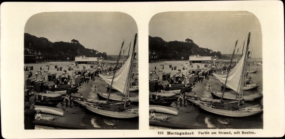 Stereo photo Baltic resort Heringsdorf on Usedom, beach, boats