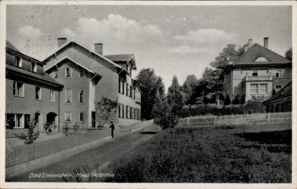 Postcard Bad Liebenstein in the Thuringian Forest, Haus Holsatia, building, street, trees, fences