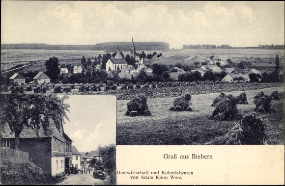 Postcard Biebern in the Rhein Hunsrück district, inn and groceries by Adam Klein, panorama of the place