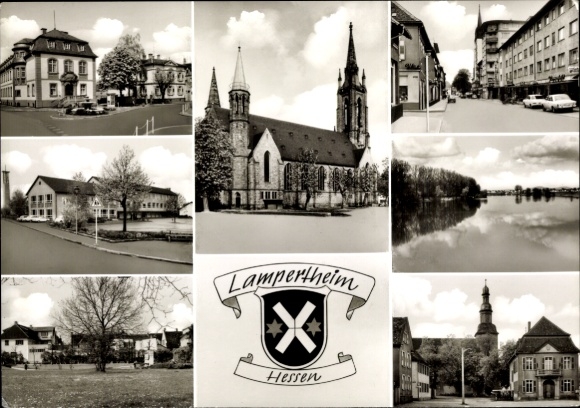 PC Lampertheim am Rhein Hesse, coat of arms, church, partial views