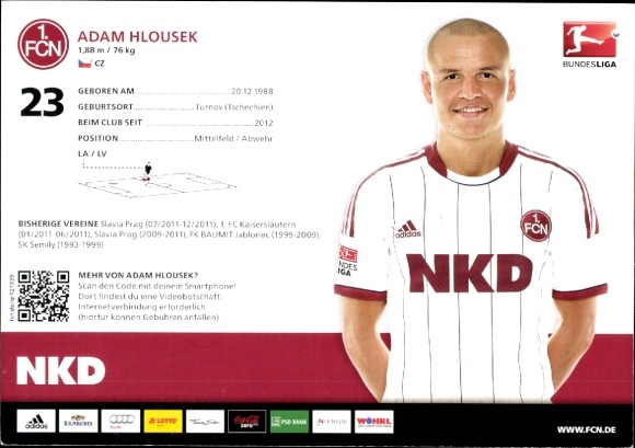 Autograph card footballer Adam Hlousek, 1. FC Nuremberg, autograph