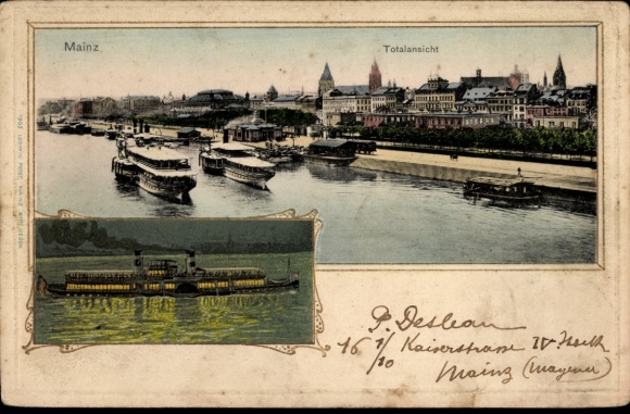Ak Mainz am Rhein,  Totalansicht, Schiffe auf dem Wasser, farbige Darstellung