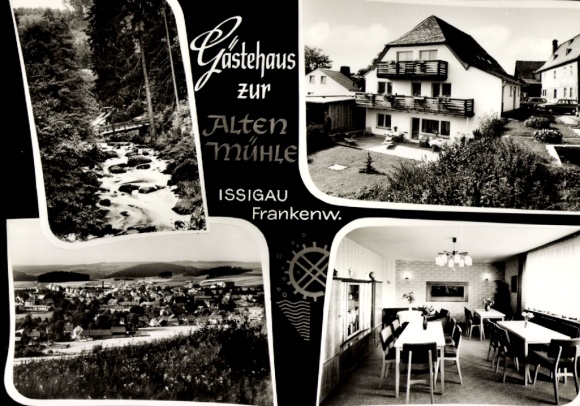 Postcard Issigau in Upper Franconia, restaurant at the old mill, interior view, general view, stream