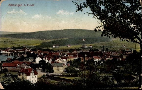 Picture Melsungen in Hesse, panorama of hills and buildings, colorful landscape