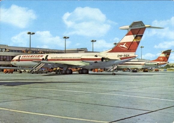Postcard Schönefeld near Berlin, Airport, passenger aircraft Interflug DM-SEK