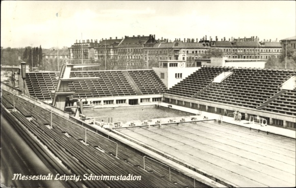Postcard Leipzig in Saxony, swimming stadium, diving platform