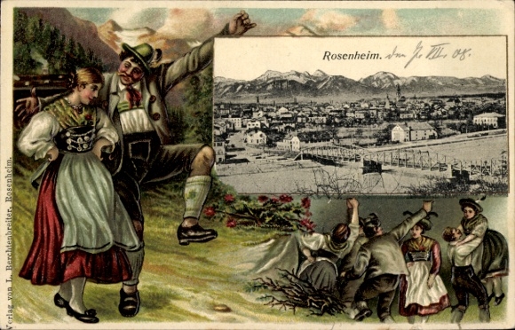 Stamped Postcard Rosenheim Upper Bavaria, general view, dancing couple in folk costume
