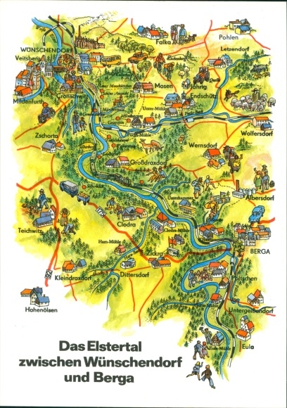 Kaarten Ansichtkaart Wishing Village aan de Elster, Elstertal tussen Wishing Village en Berga