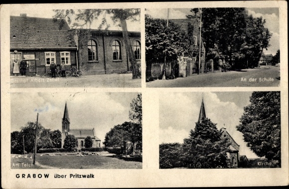 Postcard Grabow near Meyenburg in the Prignitz, inn Albert Zabel, school, pond, church