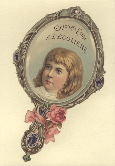 Oblate Chicorée Extra A l'Écolière, hand mirror with a child's face, size approx. 29 x 17.5 cm