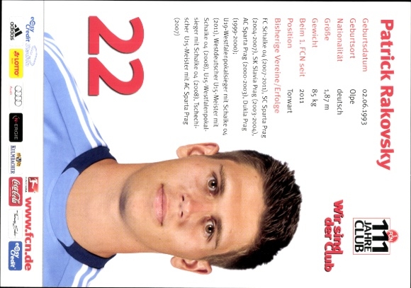 Autogrammkarte Fußballer Patrick Rakovsky, 1. FC Nürnberg, Autogramm