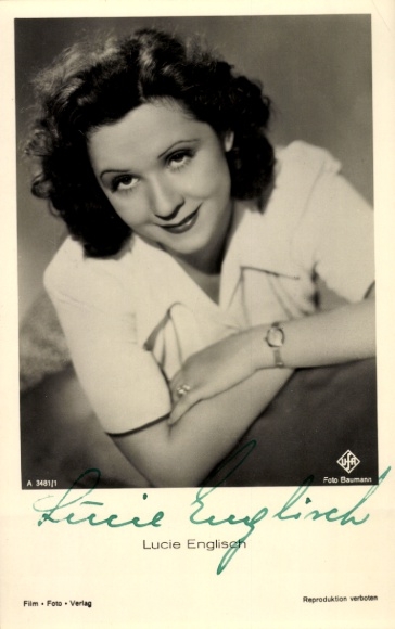 Postcard actress Lucie English, portrait, Ufa film, autograph