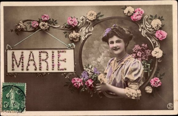 Letter Postcard Marie, woman, portrait, flowers