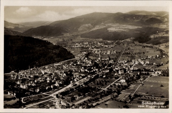 Postcard Schopfheim in Baden, aerial photograph of representation from a bird's eye view