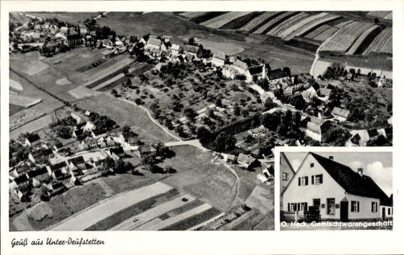 Postcard Unter Deufstetten Fichtenau, aerial photograph of the village and fields, general store O. Heck
