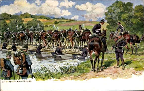 Künstler Litho Hoffmann, Anton, Deutsche Soldaten, Pferde, Schiffbrücke