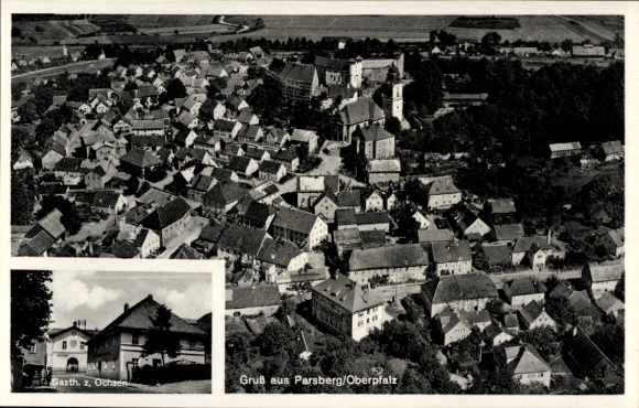 Postcard Parsberg in the Upper Palatinate, aerial photograph, Gasthaus zum Ochsen