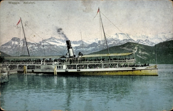 Postcard Weggis Canton Lucerne, salon steamer City of Lucerne on Lake Lucerne