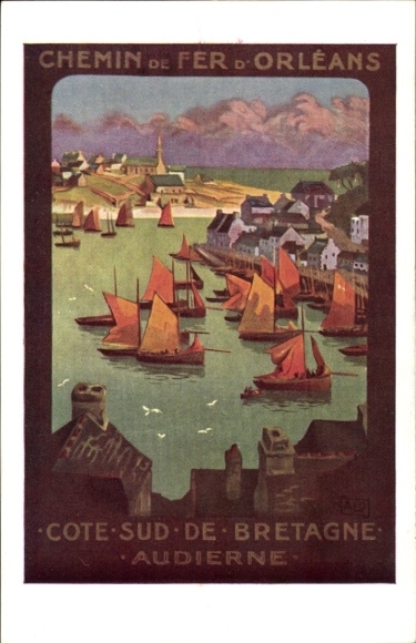 Artist Postcard Audierne Finistère, fishing port, Orleans Railway, south coast of Brittany