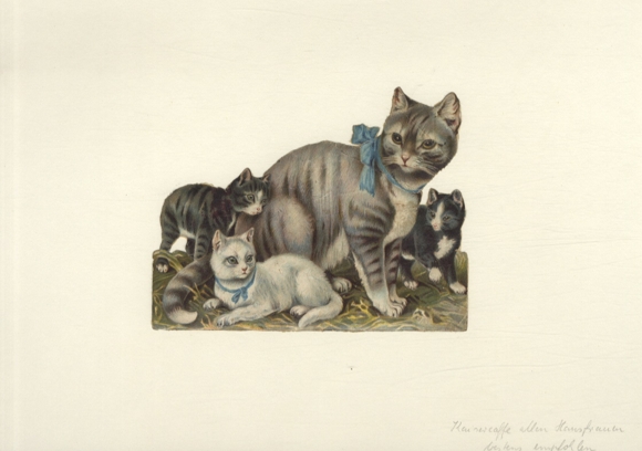 Wafer RS with advertising "Kaiserkaffee", mother cat with her kittens, size approx. 11 x 14 cm