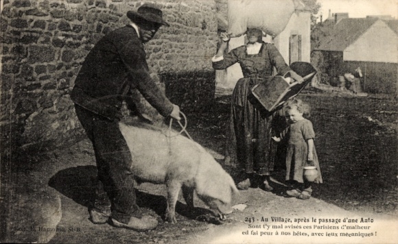Postcard Brittany, man leading pig on a leash, woman, child