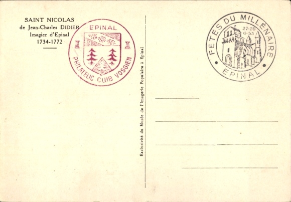 Maximum Postcard Didier, Jean-Charles, Saint Nicolas, Museum of Imagery Epinal 1951