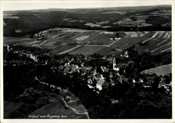 Postcard Alfdorf in Württemberg, aerial view of fields, buildings, landscape