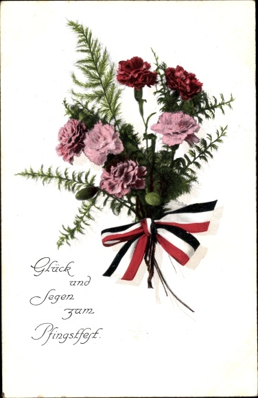 PC congratulations Pentecost, bouquet with bow, carnations