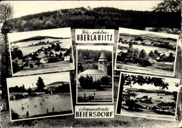 Ak Beiersdorf in Oberlausitz, ansichtkaart met afbeeldingen van kerk, zwembad, landschap