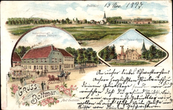 litho Bettmar Vechelde in Nedersaksen, algemeen beeld, herberg, oorlogsmonument