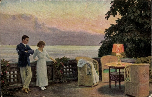 Artist Postcard Fischer, Paul, Young Hearts, I Ungdommens Vaar, Lovers on a Terrace by the Sea