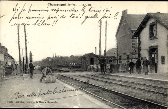 Postcard Champagne Sarthe, train station, track side