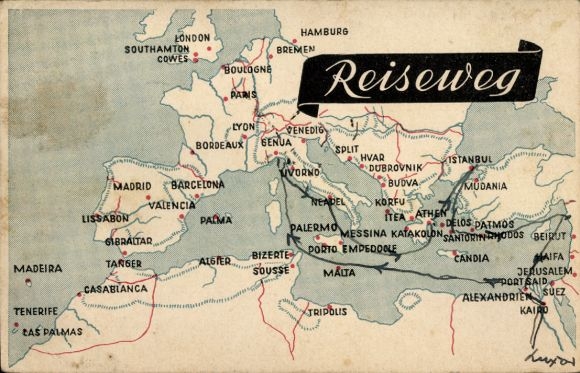 Maps Postcard Map of Europe, travel route