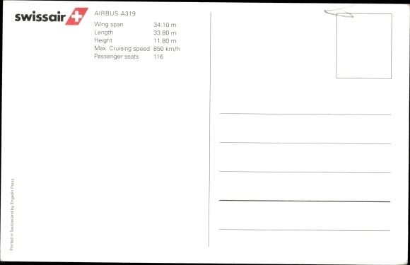 Postcard Swiss passenger aircraft, Swissair Airbus A 319, HB-IPV