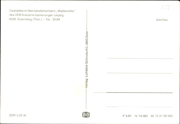 Postcard Eisenberg Thuringia, restaurant company holiday home Walkmühle VEB industrial insulation Leipzig