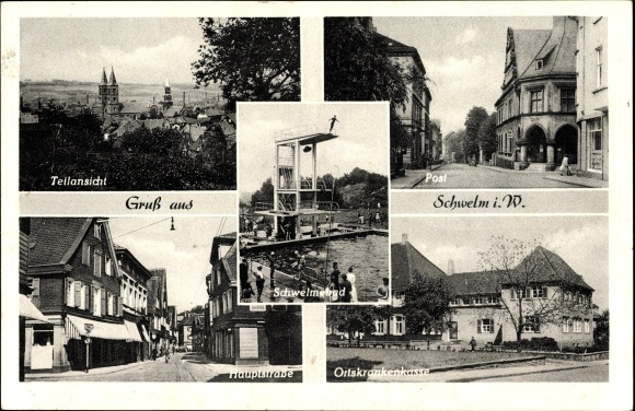 Ak Schwelm in het district Ennepe Ruhr in Noordrijn-Westfalen, postkantoor, lokale ziektekostenverzekeraar, hoofdstraat