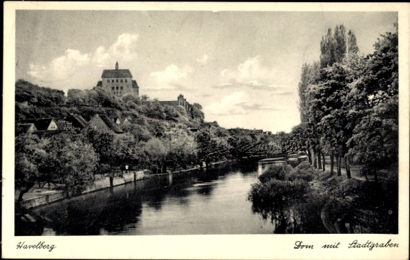 Postcard Havelberg in Saxony-Anhalt, cathedral, city moat, black and white