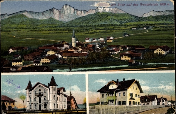 Postcard Bayrischzell in the Mangfall mountains of Upper Bavaria, town panorama with Wendelstein, villa, residential building