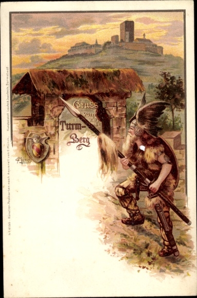 Artist Chromo-Litho Carl Münch, Durlach Karlsruhe Baden, Turmberg and Germane with winged helmet and lance