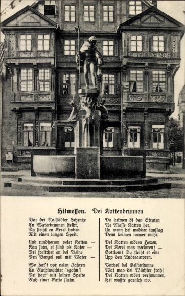 Postcard Hildesheim in Lower Saxony, Rat Fountain, statue of a boy with rats, poem in Plattd