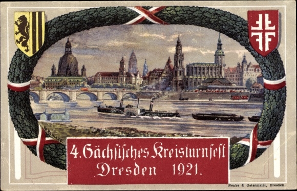 Passepartout coat of arms PC Dresden, 4th Saxon district gymnastics festival 1921, Friedrich August bridge