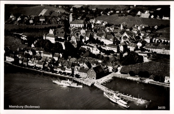 Postcard Meersburg on Lake Constance, view over the town, ship