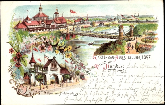 Chromo-Litho Hamburg Mitte Neustadt, Horticultural Exhibition 1897, Gate at Holstenplatz