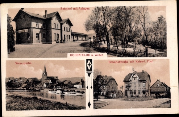 Ak Bodenfelde an der Weser, Bahnhof, Bahnhofstraße, Weserpartie, Postamt