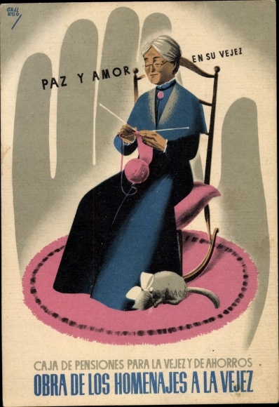 Artist PC Spain, pension and pension fund, knitting old woman in a rocking chair, cat