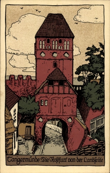 Lithograph Postcard Tangermünde on the Elbe, The Roßfurt from the land side