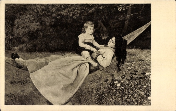 Artist Postcard Thoma Hans, Woman in a Hammock, Child