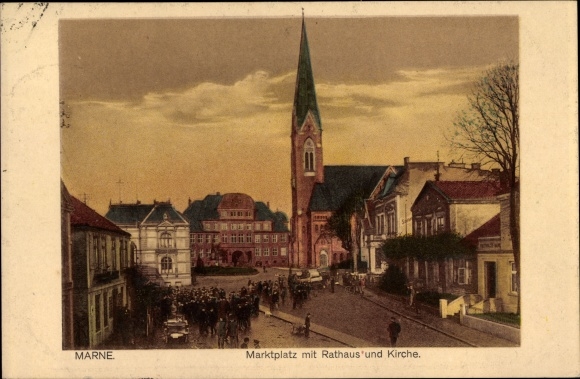 Ak Marne in Holstein Dithmarschen, Marktplatz, Rathaus, Kirche