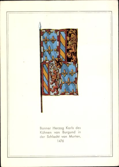 Postcard banner of Duke Charles the Bold of Burgundy at the Battle of Murten, 1476