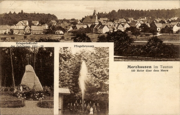 Postcard Merzhausen Usingen Hochtaunuskreis, war memorial of the fallen, general view, Pentecost fountain